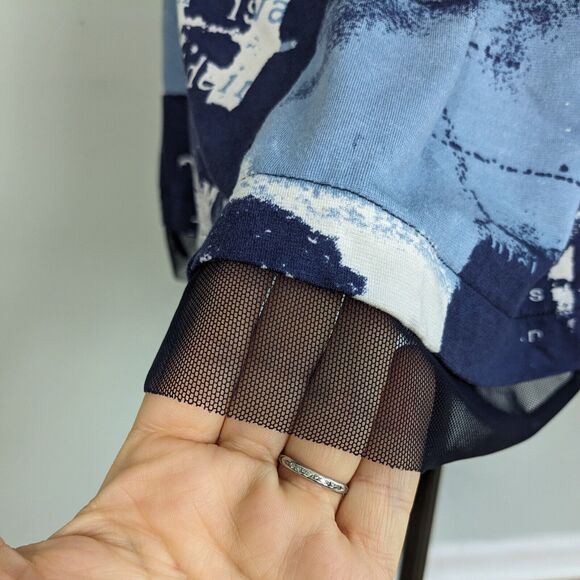 Graphic Print Mini Dress 4 Blue Knit Mesh French T Shirt Flare Blue Luc Fontaine - Picture 5 of 10